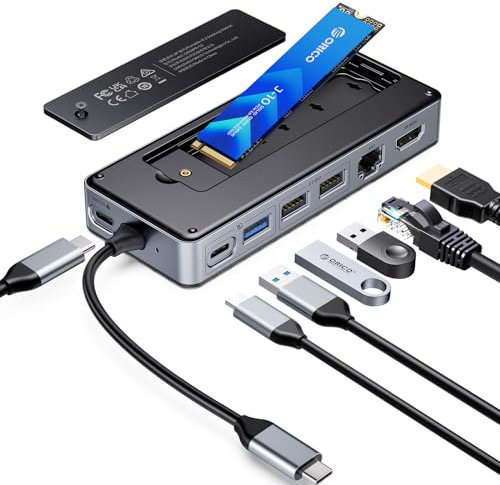 ORICO 8 en 1 USB C Docking Station con Carcasa SSD M.2, Hub USB C para SSD M.2 NVMe/SATA, 10Gbps, 4K@60Hz HDMI, 100W PD, Ethernet, Longitud del Cable 15cm - OM28PR