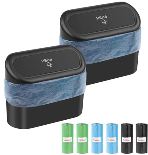 Car Bin, 2 PCS Mini Car Trash Can Hanging Type with 90 pcs Trash Bags | Car Bins for Front of Car for Family Office Kitchen Cars Front Seat Accessories(16x14 x7 cm Black)