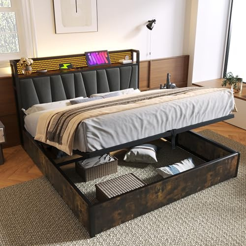 Merax Polsterbett Metallbett 140x200cm mit LED-Beleuchtung, Hydraulisches Doppelbett mit USB Ladefunktion Kopfteil, Bettgestell mit Lattenrost aus Holz, Industrielles Bett, Ohne Matratze, Grau