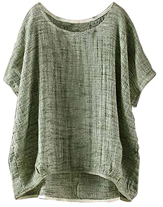 HOOUDO Damen Sommer Kurzarm Leinen Top Große Größen Shirt Oversize Rosa Quadratischer Ausschnitt Ballonärmel Oberteil Casual Basic Bluse