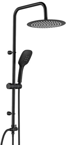 Ulytid Colonna Doccia Nera in Acciaio Inox Senza Rubinetto, Sistema Coccia a Parete, Foro a Muro Regolabile 35-54 cm, Set Doccia con Soffione Tondo da 25 cm e Doccetta con 3 Tipologie di Getto, Tubo