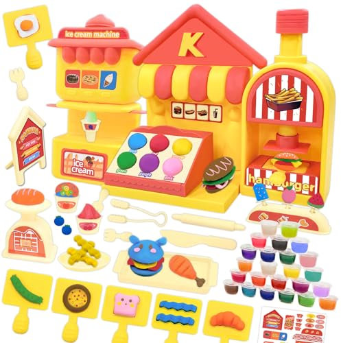 VBACALA Set Plastilina per Bambini, 69 Pezzi Accessori di Gelatiera Hamburger con 24 Lattine di Plastilina, Creazioni da Cucina per Bambini Regalo di Compleanno per 3 Anni