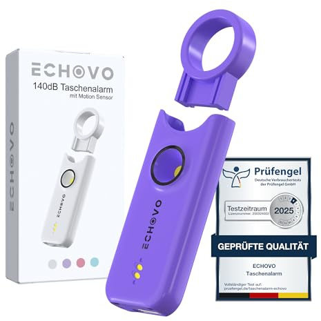 ECHOVO Taschenalarm 140 dB mit LED - Selbstverteidigung für Frauen & Kinder, Schlüsselanhänger mit Alarm, sehr laut Schrillalarm, Handsirene, Abwehr & Selbstschutz für unterwegs zur Sicherheit (Lila)