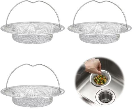 Kitchen Sink Strainer, 3 Pack Stainless Steel Sink Drain Strainer with Lift-up Handle, Dia 8cm Kitchen Sink Strainer Plug Stainless Steel Large Sink Sieve for Bathroom Kitchen