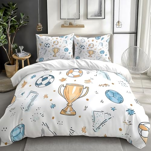 Juego de Fundas Nórdicas Suave 3 Piezas para Cama 90 - Garabato dibujado a mano fútbol Patrón Funda Edredón Poliéster Algodón 150 x 200 cm + 2 Funda de Almohada 50x75, Patrón Moderna de Estampado,