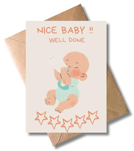 Geburtskarte „Nice Baby – Well Done“ – lustige Glückwunschkarte zur Geburt | 5 Sterne Baby Bewertung | originelle Klappkarte für frischgebackene Eltern | DIN A6 inkl. Umschlag