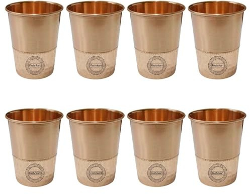 Fashnkart Verres en cuivre pur pour eau potable, santé ayurvédique, gobelets en cuivre pur, 10,14 oz, 300 ml (demi-martelés) (8 Pcs)