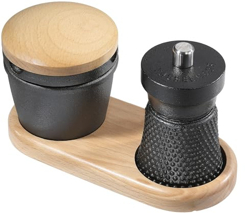 Zassenhaus Lot de 3 moulins à poivre en fonte, broyeur en céramique précis, râpe à épices avec compartiment de rangement, dessous de plat en bois de hêtre, idéal pour la cuisine et la table