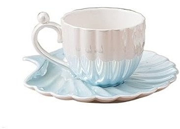 WDSOPK Tasses À Café en Coquillage De Perles avec Soucoupe, Tasses À Thé en Céramique 3D, Bouteille d'eau pour Le Petit-Déjeuner, pour Fille, Anniversaire, Noël, pour Le Thé