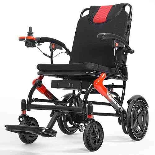 TopMate EW11 Elektrischer Rollstuhl für Senioren und Erwachsene, Leicht und Faltbar, Kompakt und Tragbar mit Doppelmotor, Abnehmbarer 24V 12,5A Akku, Flugzeugtauglich für Reisen - Rot