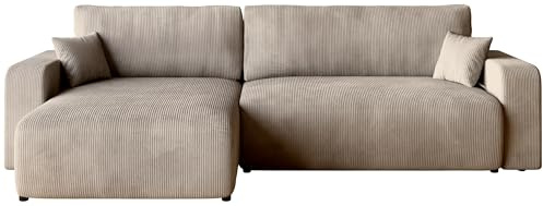 BROMARKT Ecksofa mit Schlaffunktion Kissen und Bettkasten L-Form Beige | Schlafsofa mit Bettkasten 274x148x82cm Sofa Couch Sofabett freistehend Cord 3 sitzer Eckcouch für Wohnzimmer PUMI XL