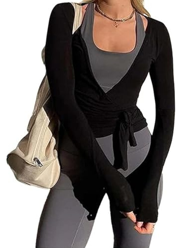 BABWWNIX Y2k Ballet Pilates Wrap Top for Women Long Sleeve Deep V Neck Tie Front Workout Yoga T Shirt Blouses Sports Tops
