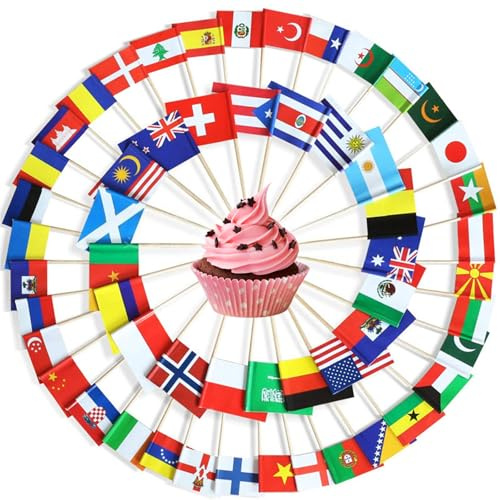 DAVBNM 200 Pcs Different World Flags Toothpick, Different Nations Cupcake Toppers, 2025 Eurovision Food Flags, 50 Countries Cocktail Stick Flags for World Cup Party Supplies Pub Royal Event Decor