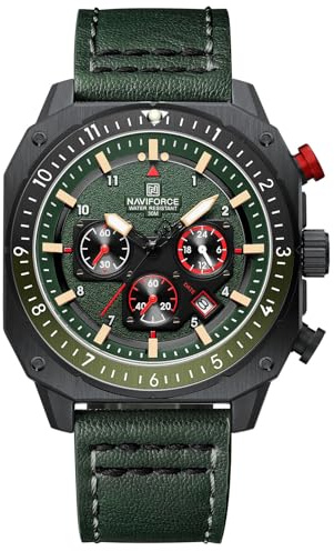 NAVIFORCE Orologio da polso da uomo, alla moda, sportivo, militare, quadrato, quadrante grande, impermeabile, cronografo con lancette luminose, cinturino in pelle