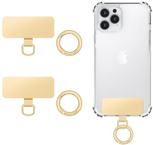 MoKo 2pcs Phone Tether Tab, Stainless Steel Phone Lanyard Pads Cellphone Replacement Part with 2pcs Spring Rings, Cellphone Strap Connector Tether Tabs for Most Full Coverage iPhone Cases, Gold