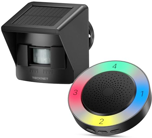 TECKNET Solar Bewegungsmelder Alarm mit 800 Meter Reichweite,36 Melodien & 5 Lautstärken Durchgangsmelder, 4 Verteidigungszonen Mobile Alarmanlage für Innen und Außenbereiche(1 Empfänger & 1 Sensor)
