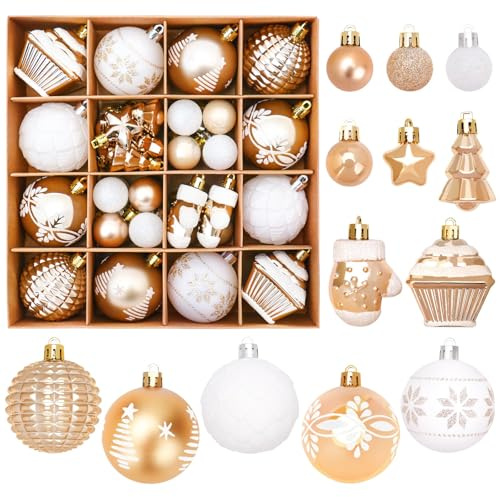CharmeFleur Weihnachtskugeln, 42 Stück Zerbrechliche Kunststoff Weihnachtsbälle Für Weihnachtsbaum Schmuck, Festlicher Kranz Deko (Gold & Weiß)
