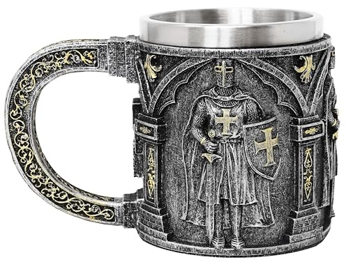 Chope à bière motif chevalier médiéval argenté