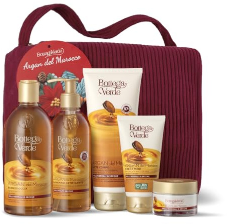 Bottega Verde - Cofanetto Regalo Argan del Marocco con Pochette, Bagnodoccia 400 ml, Crema Mani 75 ml, Latte Corpo 200 ml, Lavamani 250 ml e Crema Viso 50 ml, Idea Regalo
