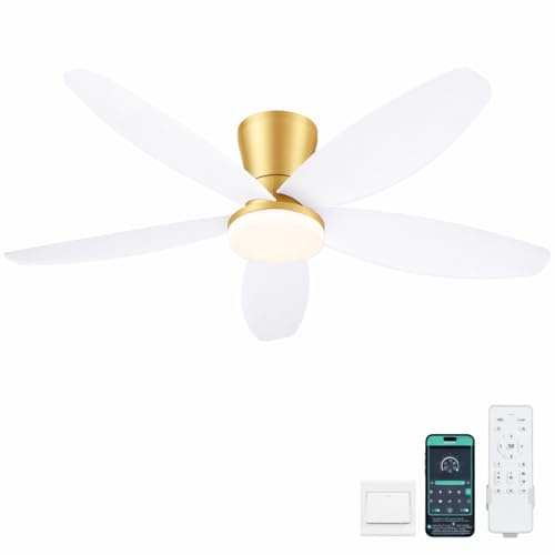 Surtime 42 Ceiling Fans with Lights - Low Profile Ceiling Fan with Light and Remote/App, Gold Ceiling Fan with Reversible White Blades