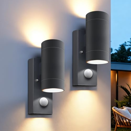 PIR Outdoor Wall Lights,IP65 Waterproof Up and Down Lights Outdoor with Motion Sensor,Aluminium Outside Wall Lights Mains Powered GU10,Exterior Wall Lamp for Front Door,Porch,Patio,Anthracite,2 Pack