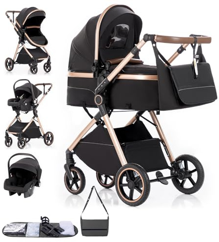 Gcarebb 3 in 1 Kinderwagen Reisesystem, Buggy mit höhenverstellbarem Griff, Reisewagen mit Regenschutz, Baby-Kinderwagen mit Aluminiumrahmen für Neugeborene