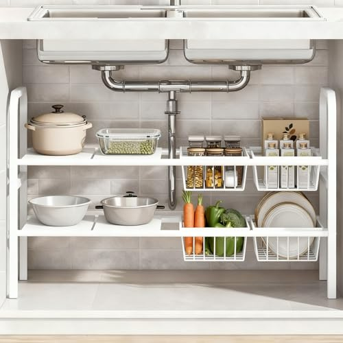 Chingcoo Organisateur de cuisine à 2 étages, extensible sous évier (68 à 91 cm), organiseur de cuisine avec 4 paniers et 4 panneaux, étagère de cuisine pour salle de bain, cuisine et meuble bas (blanc