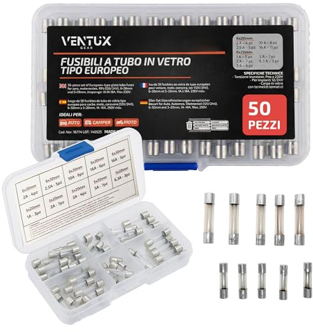 Set Fusibili in Vetro Tipo Europeo | Set 50pz - 100pz - 150pz | Assortimento 5x20mm e 6x30mm | Fusibili Rapidi per Auto, Moto, Camper e Elettronica | Kit con Custodia Ventux Gear