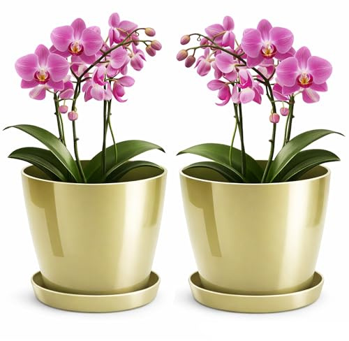 PECZEKO Blumentopf glänzender, Pflanzkübel aus Übertopf Kunststoff Dekorativer Topf für, groß und klein Pflanzen, 2er-Set blumenkübel mit Untersetzer, blumenkübel kräutertopf, Gold, ø 14 cm