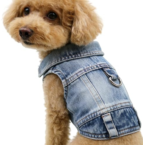 Hundejacke, Jeans Hundekleidung mit Metallhake für Welpen, Sommer Haustier Bekleidung Hundeweste Shirts für Welpen,Kleine Hunde (Blau, XS)