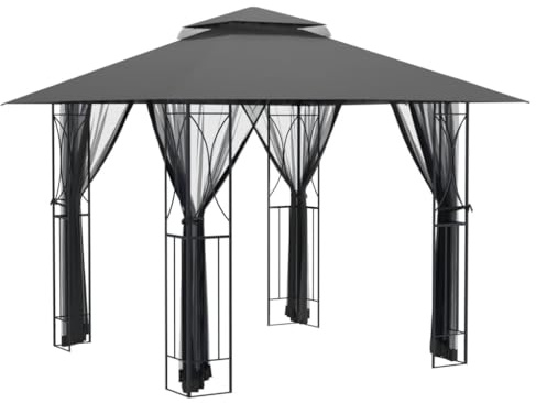 KUTYWEXFM Pavillon mit Seitenwänden Anthrazit 300x300 cm Stahl | Elegantes Gartenzelt mit Netzseitenwänden und Doppeldach für Luftzirkulation im Garten oder auf der Terrassenüberdachung.