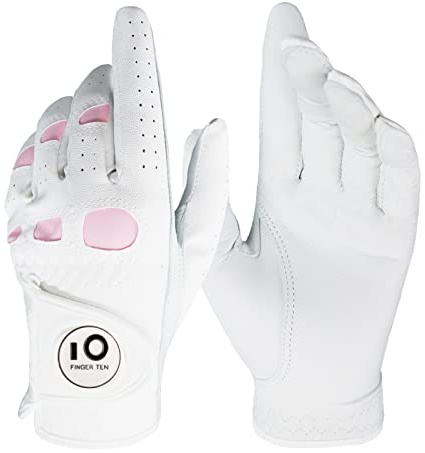 FINGER TEN Women’s Leather Golf Glove with Ball Marker Extra Grip 1 Pack, Left Right Hand Pink Fit Woman Girl, Size Small Medium Large XL (Small, Left)