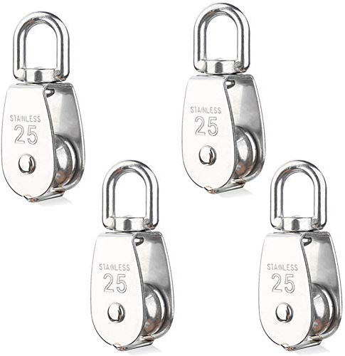 Kidoo 4 Pezzi 25 mm Puleggia Singolo Blocco Carrucole in 304 Acciaio Inox Singola Puleggia Gru Girevole Gancio Singola Ruolo Puleggia Carico - Argento