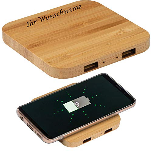 Wireless Charger mit Gravur / aus Bambus mit 2 USB-Hubs