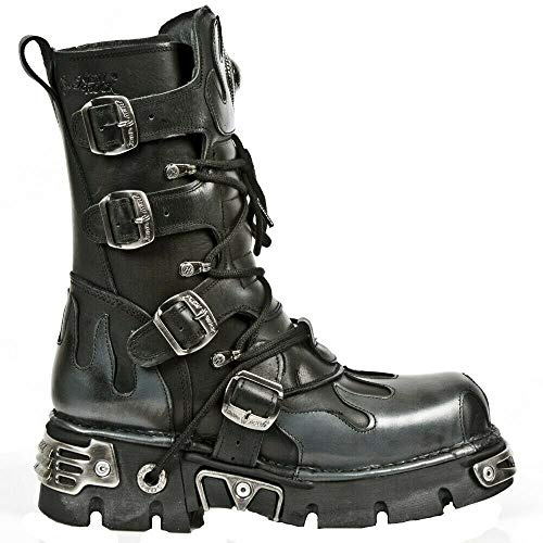 New Rock 591-S2 Botas de Cuero Negro con Llama Plateada 44
