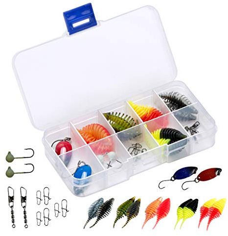 Forellen Köderset UL Fishing mit Gummiwurm Gummiköder Spoon Snaps Wirbel als Set Gummifisch in Einer Köderbox.