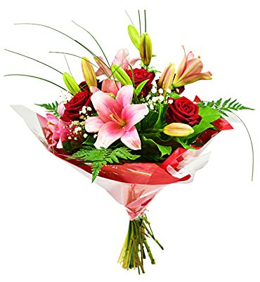 Crimson Charm Flower Bouquet Fresh Pink Lilies, Red Roses, festive event– Long-Lasting Floral Arrangement gifting for Birthday, Christmas, Wedding, Home party, seasonal Autumn