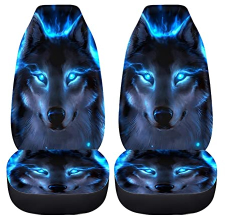 chaqlin Neon Blue Wolf Autositzbezüge Set,Frauen Männer Coole Auto-Innenausstattung Dekoration mit Wolf Printed Universal Schalensitzbezug,Fahrzeug-Vordersitze-Schutz 2 Stück