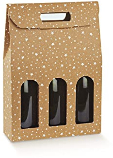 5 scatole per 3 bottiglie vino verticali modello bordolese, borgognotta robuste strenne natalizie cartone accoppiato e maniglia esterna cm.27x9x38,5h AVANA CON STELLE GALAXY