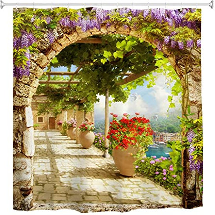 goodbath Garden Shower Curtain, Leaves Flowers Floral Anti Mould Waterproof Bath Curtains for Bathroom Bathtub Outdoor Fence Wall Decor, 180 x 180 cm