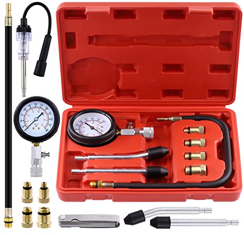 Tanstic 10Pcs Engine Cylinder Compression Tester Kit with Spark Plug Tester, Metric 32 Blades Feeler Gauge, Automotive Petrol Cylinder Pressure Gauge Engine Testing Tools for Car Gas Engine Diagnostic