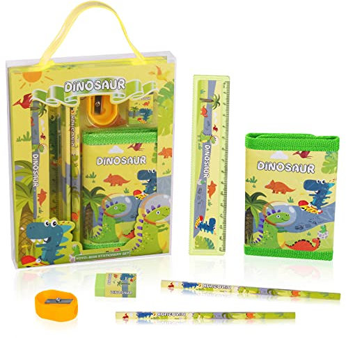 Vicloon Dinosaurier Schreibwaren Set, Schreibwaren Geschenkset für Mädchen, Radiergummi, Anspitzer, Brieftasche, Lineal, Bleistift, Kinder Mitgebsel, Geschenk Set für Mädchen und Junge(Dinosaurier)
