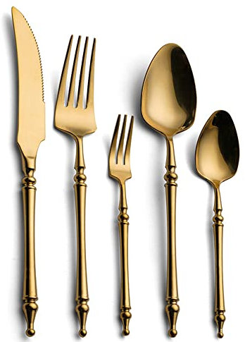 Juego de cubiertos de vajilla de 20, cubiertos dorados de acero inoxidable que incluyen cuchillo/tenedor/cuchara, reutilizable, servicio de cena apto for lavavajillas