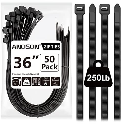 Bridas grandes de 36 pulgadas (paquete de 50), bridas largas resistentes con resistencia a la tracción de 250 libras, bridas grandes, color negro, por ANOSON