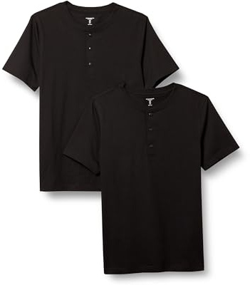 Amazon Essentials Maglietta Henley in Cotone con Maniche Corte Uomo, Pacco da 2, Nero, M