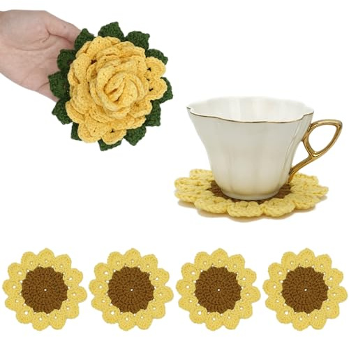 DICHA Set di 5 sottobicchieri all'uncinetto a forma di girasole con vaso per piante, sottobicchieri, con supporto per bar, tavolino, scrivania, piante grasse