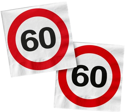 Folat 28376 Servietten 60 Geburtstag Rot Weiß Verkehrsschild - 33 x 33 cm - 20 Stück - Geburtstagsservietten, Papierservietten, Tischdekoration | 20 Stück, Geburtstagsservietten, Papierservietten, Tischdekoration