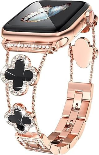 Bracelet Femme Bling Compatible avec Apple Watch Bracelets 38mm 40mm 41mm 42mm 44mm 45mm Series SE 9 8 7 6 5 4 3 2 1, Bracelet en diamant Sparkle, Bracelet Élégant Trèfle Chanceux pour iWatch