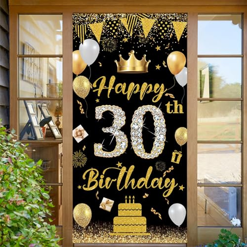 POPOYU 30. Geburtstag Banner Männer Frauen,30 Geburtstags Deko,Birthday Banner 30. Geburtstagsfeier Dekoration Hintergrund,BannerGeschenke für Geburtstag Poster Türbanner 70.8×35.4 Zoll,Schwarz Gold
