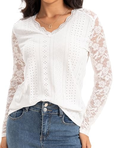 Becellen Blouse Femme Chic et Elégant, Chemisier Manche Longue en Dentelle Haut Col en V Casual Mode Blouse Femme Grande Taille pour Automne
